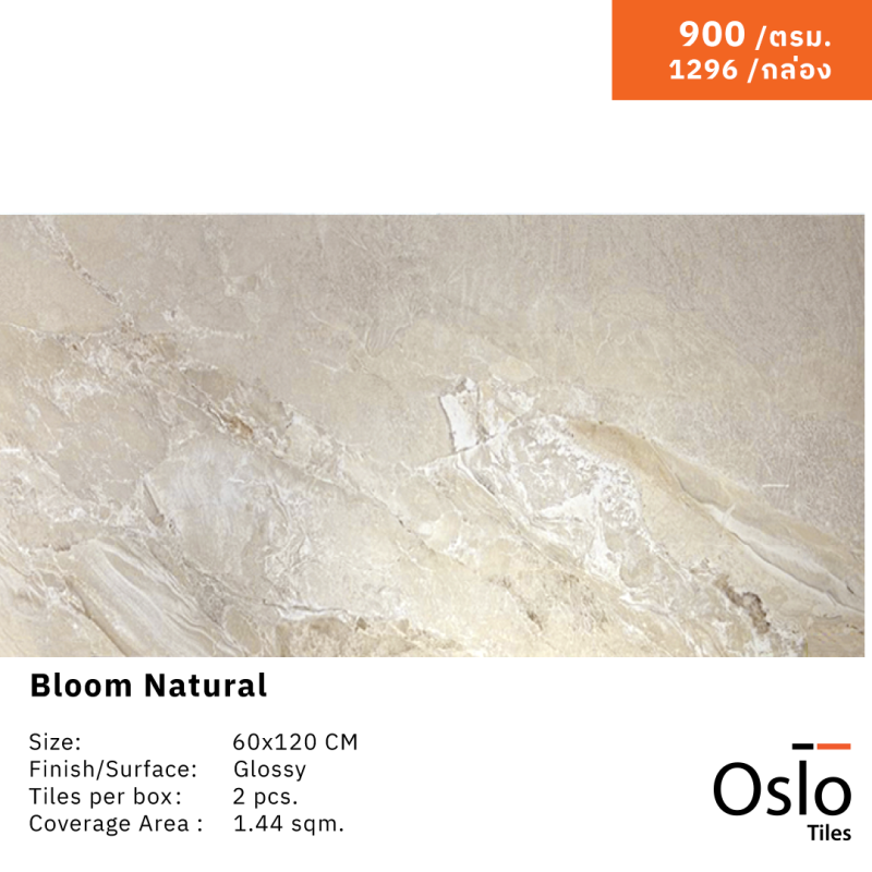 Bloom Natural Porcelain Tile Cream Color Size 60x120 CM Glossy Finish